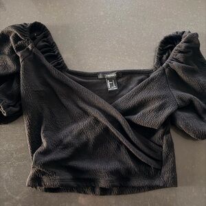 Forever 21 Black Puff Sleeve Wrap-Style Crop Top